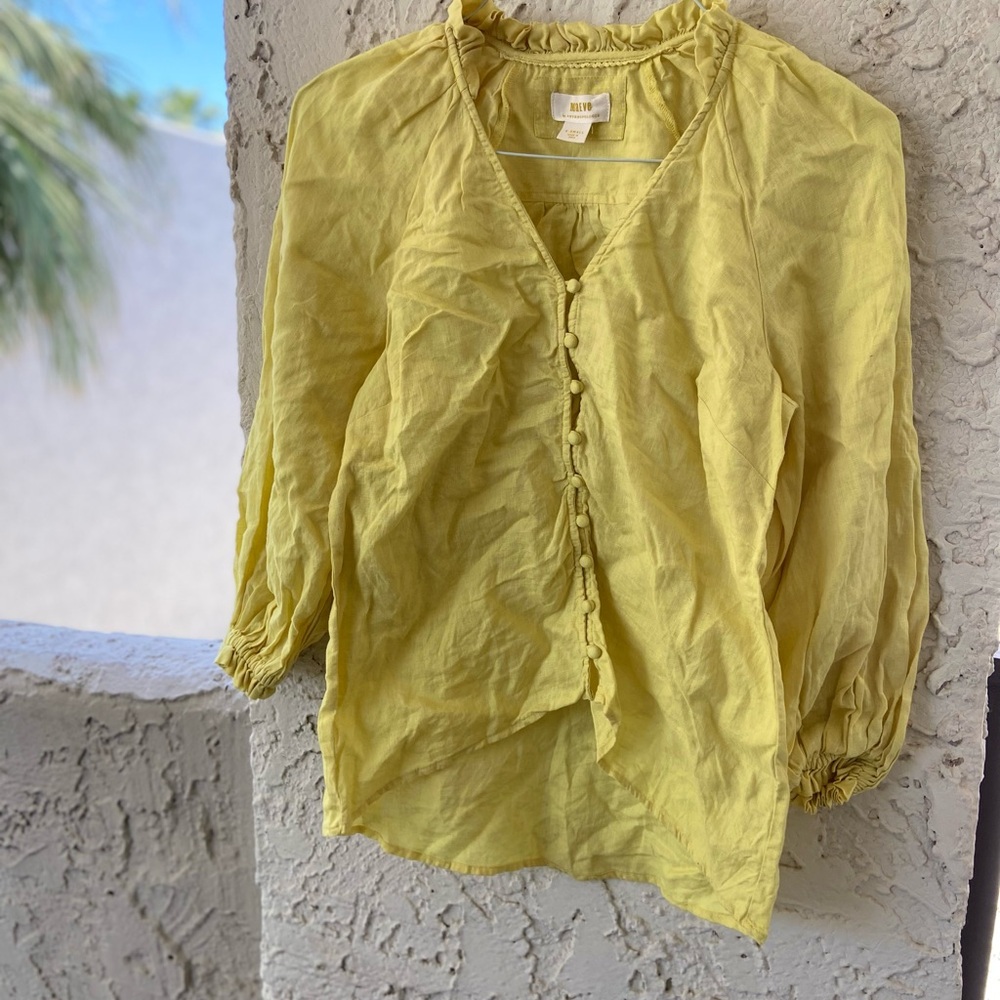 Maeve Anthropologie 100% Linen Ruffle Button Blouse XS Coastal Cottagecore
